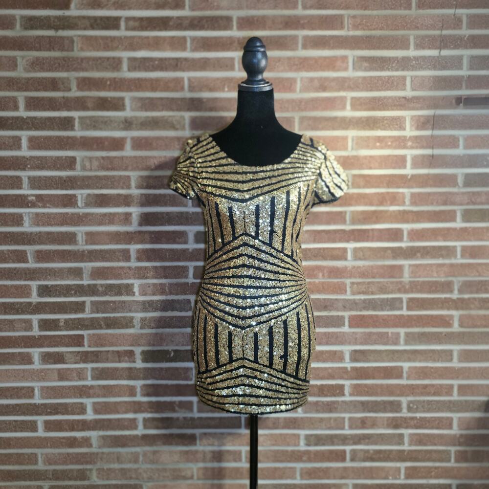 YOINS Art Deco Gold & Black Sequin Mini Dress - Size S